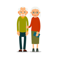 Couple older people. Two aged people stand. Elderly man and woman stand together and hug each other. Illustration isolated on white background in flat style