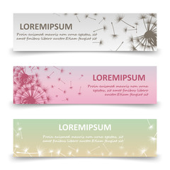 Horizontal banners with dandelion silhouettes and flying seeds
