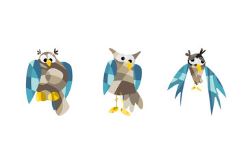 Cute owl pictures. Vector illustration set of owls in origami style