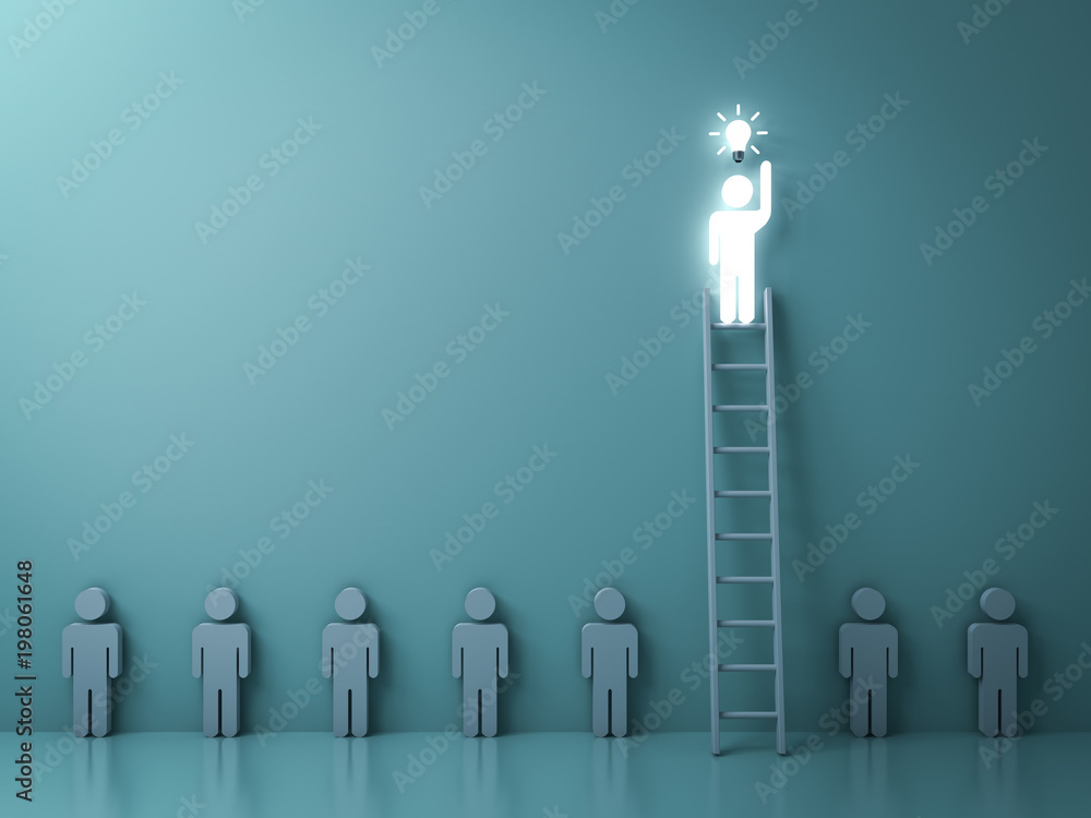 Leinwandbilder stand out from the crowd and different concept , one glowing light man on the ladder got an idea bul