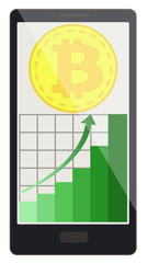 bitcoin coin with growth graph on a phone screen