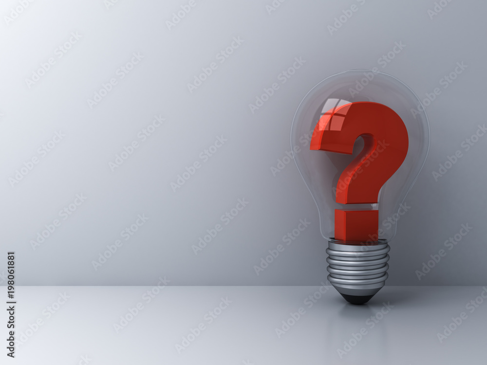 Fototapete red question mark in glass light bulb on white background with shadow and reflection . 3d rendering.