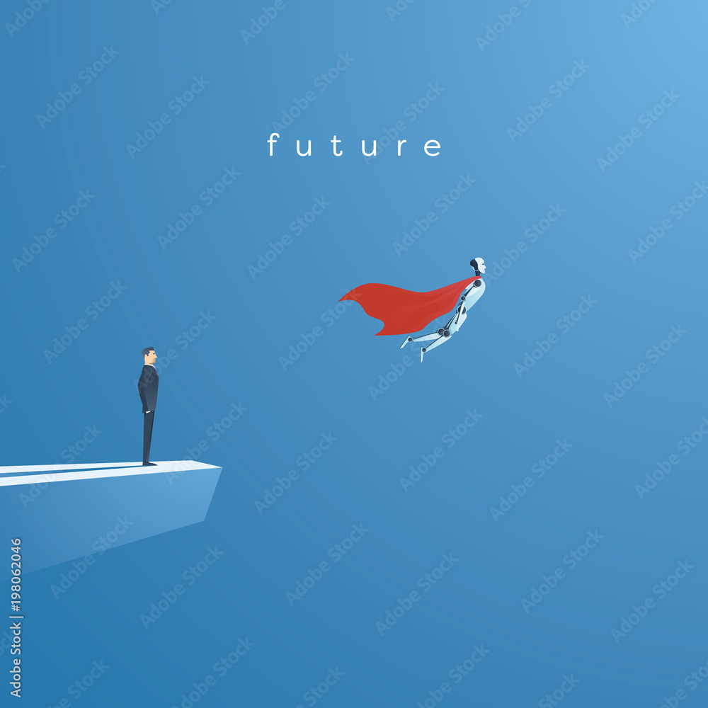 Poster ai or artificial intelligence vector concept with ai robot flying as superhero. symbol of future tec