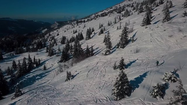 Skiing on the snowy mountain