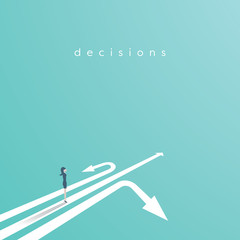 Business decision vector concept with businesswoman standing above three arrows. Business symbol of decision, opportunity, challenge, career. - obrazy, fototapety, plakaty