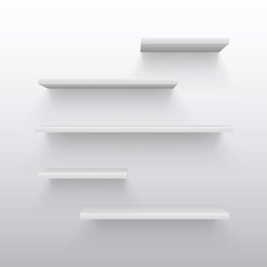 Empty white trading 3d shelves with shadow on wall. Blank bookshelf for home interior vector illustration © MicroOne