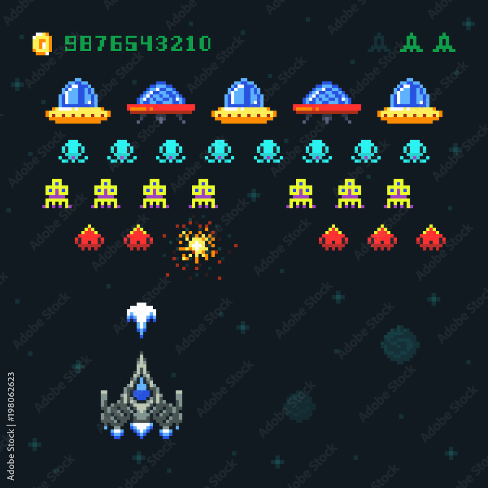 Poster vintage video space arcade game vector pixel design with spaceship shooting bullets and aliens