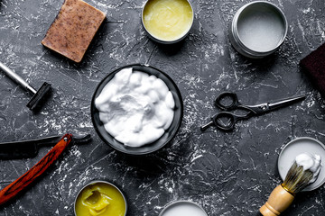 male hairdressing concept with barbershop tools on gray backgrou