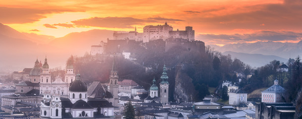 Panoramic view of Salzburg at winter morning - obrazy, fototapety, plakaty