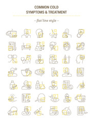 Obraz na płótnie Canvas Vector graphic set. Icons in flat, contour, outline thin and linear design. Common cold. Symptoms, treatment, prevention. Simple isolated icons. Concept illustration Web site. Sign, symbol, element.