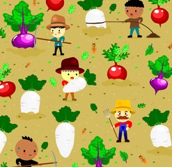  pattern with cute radish on field and farmer,vegetables and worker cartoon style,vector.