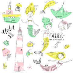 Cute little mermaid set. Believe in miracle. Textured vector ill