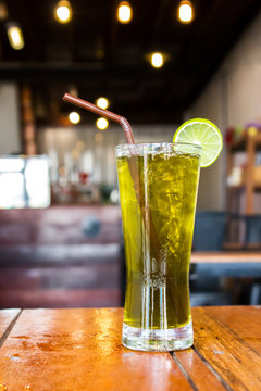 Ice lemon green tea. Cafe view. Freshness beverage.