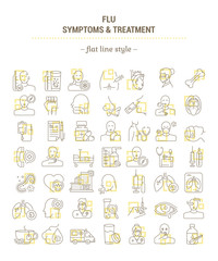 Vector graphic set. Icons in flat, contour, outline thin and linear design. Flu. Symptom, treatment, prevention. Simple isolated icons. Concept illustration for Web site. Sign, symbol, element.