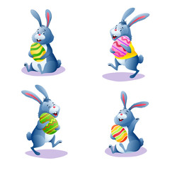 Cute cartoon rabbit set with chocolate easter painted eggs. Happy bunny collection isolated on white background. Decoration for greeting card, banner. Easter egg hunt. Colorful vector illustration.