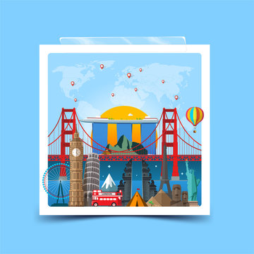 Time to travel concept. Photo frame with miniature places and landmarks. Vector illustration. Worldwide traveling.