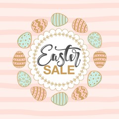 Easter sale background with beautiful flowers. Vector illustration. Frame with colors and words.