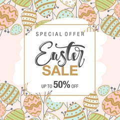 Easter sale background with beautiful flowers. Vector illustration. Frame with colors and words.