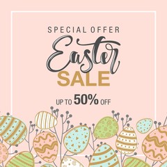 Easter sale background with beautiful flowers. Vector illustration. Frame with colors and words.