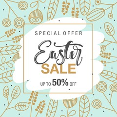 Easter sale background with beautiful flowers. Vector illustration. Frame with colors and words.