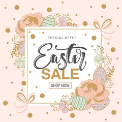 Easter sale background with beautiful flowers. Vector illustration. Frame with colors and words.