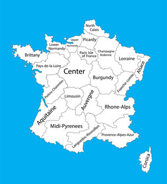 Editable blank vector map of  France. Vector map of France isolated on background. High detailed. Autonomous communities of France. Administrative divisions of France, separated provinces.
