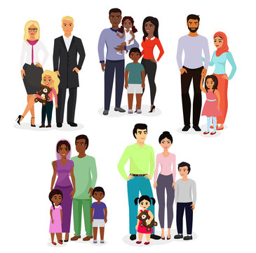 Vector illustration set of different nationals couples and families. People of different races, nationalities white, black and asian , ages, with baby, boy, girl happy and smiley on white background.