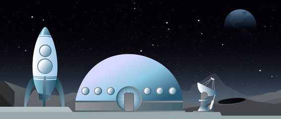 Vector illustration of flat style web banner on the theme of astronomy, space exploration, colonization of space. Moon exploration. Spaceship and station on the Moon landscape. © Natalia