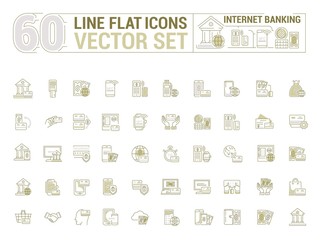 Vector graphic set. Icons in flat, contour, thin and linear design. Internet banking. Modern technology.Simple icon on white background.Concept illustration for Web site, app. Sign, symbol, emblem.