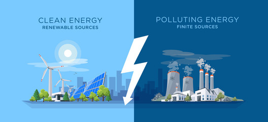 Vector illustration showing clean and polluting electricity generation production. Polluting fossil thermal coal and nuclear power plants versus clean solar panels and wind turbines renewable energy. © petovarga