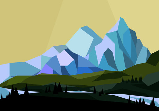 Vector Illustration Of Mountains Landscape In Geometric Style, Low Poly Flat Mountains View.