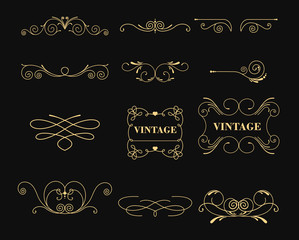 Vector illustration set of vintage graphic elements for decoration on black background. Emblem, heraldic monogram. Calligraphic floral design. Gold frames.