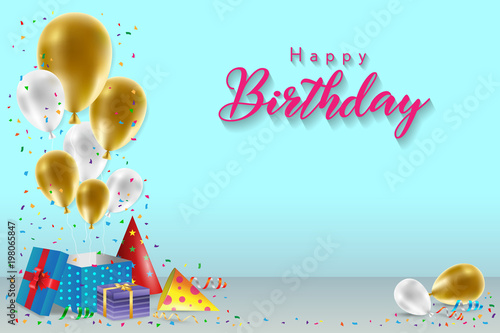 happy birthday background template with balloons gift boxes and template for birthday card