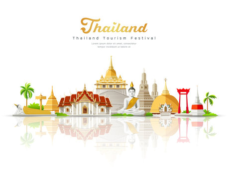 Thailand Tourism Festival Building Landmark On Shadow Isolated On White Background, Vector Illustration