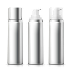 Vector set - 3d realistic silver foam bottles with silver and plastic caps. Mock-up for product package branding. 