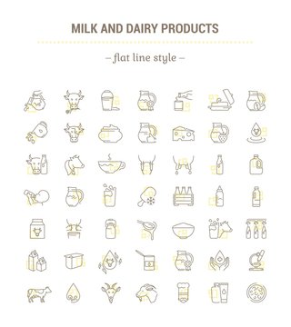 Vector graphic set. Icons in flat, contour,thin, minimal and linear design. Natural dairy production. Healthy nutrition. Simple isolated icons. Concept illustration for Web site app. Sign, element.