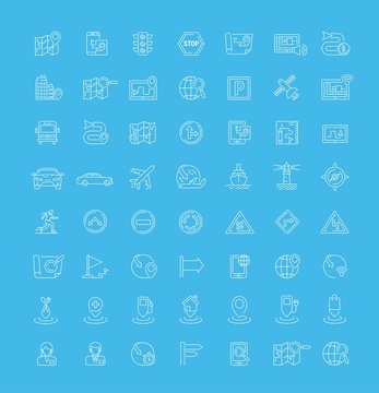 Vector graphic set. Icons in flat, contour, thin, minimal and linear design. Navigation. Navigation system element. Search, Finding, course. Concept isolated illustration for Web site. Sign, symbol