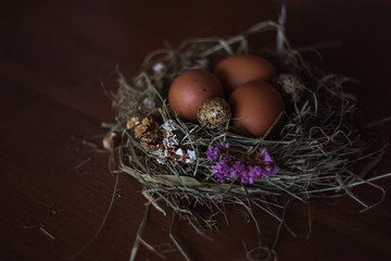 Beautiful romantic picture of eggs in the nest on the wooden background