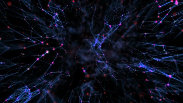 Transmitting signals to the neurons. Active neural network. The activity of blue structures that transmit signals in different corners of the screen. Black background . Depth of field. Place for text