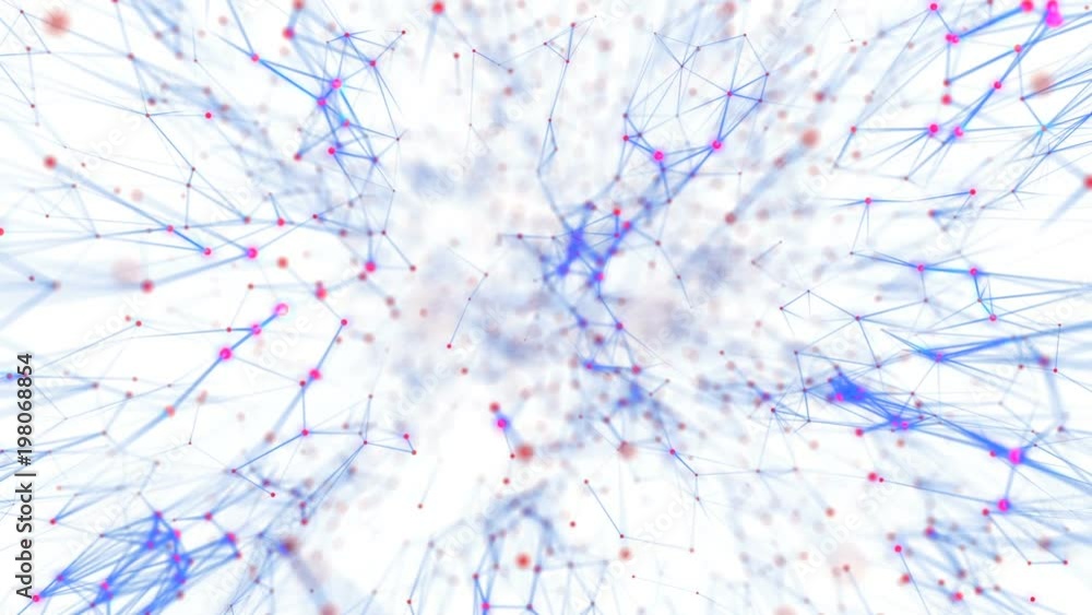 Poster Transmitting signals to the neurons. Active neural network. The activity of blue structures that transmit signals in different corners of the screen. White background . Depth of field. Place for text