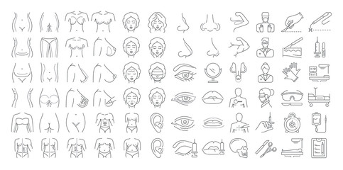 Vector graphic set. Icons in flat, contour, outline, thin and linear design. Plastic surgery, correction, rejuvenation. Simple isolated icons. Concept illustration for Web site. Sign, symbol, element.