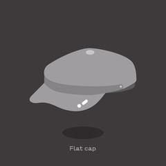 FLAT CAP
Light grey fabric flat cap on dark grey background. Fabric round cap with small brim in front. This cap are also called derby hat, jack cap,