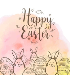 Easter greeting card with eggs and rabbits