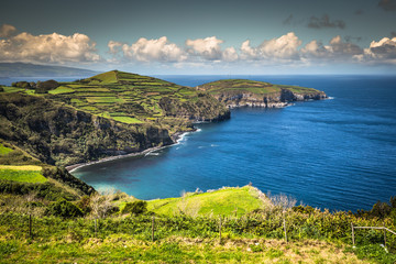 Green island in the Atlantic Ocean, Sao Miguel, Azores, Portugal - 198071082