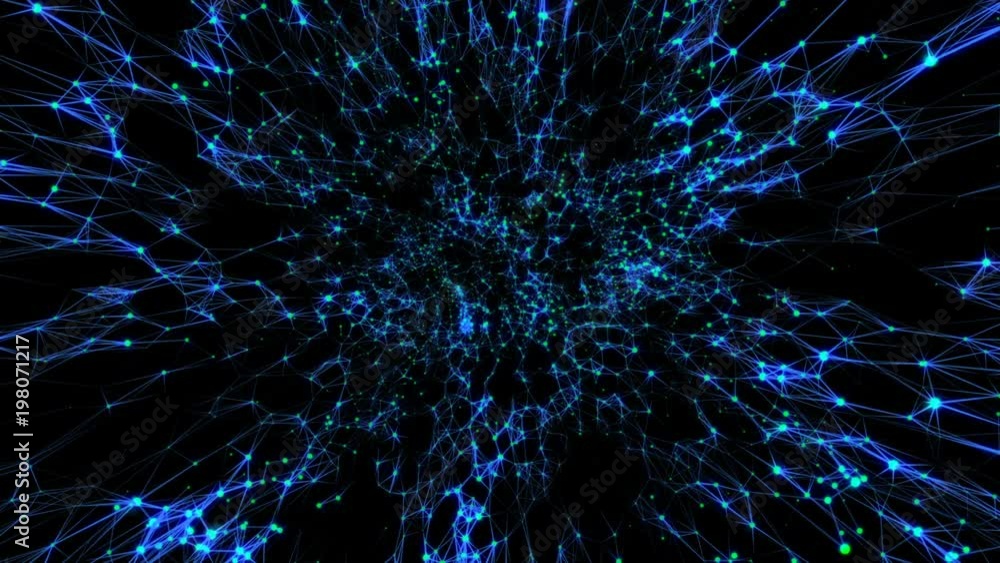 Poster Transmitting signals to the neurons. Green neurons, blue synapses. Active neural network. The activity of blue structures that transmit signals in different corners of the screen. Black background