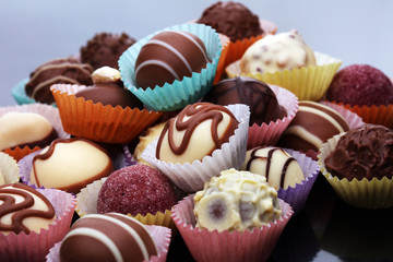 a lot of variety chocolate pralines, belgian confectionery gourmet chocolate.