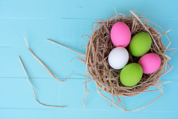 Close up of colorful Easter eggs in a basket