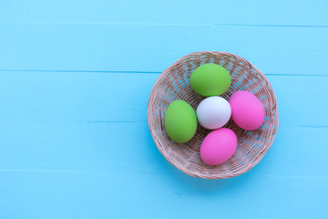 Close up of colorful Easter eggs in a basket