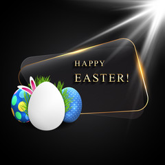 Happy easter image vector with glowing frame. Modern happy Easter background with colorful eggs, and ear bunny. Template Easter greeting card.