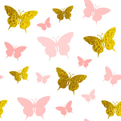 Fototapeta na wymiar Seamless pattern with pink and golden butterflies